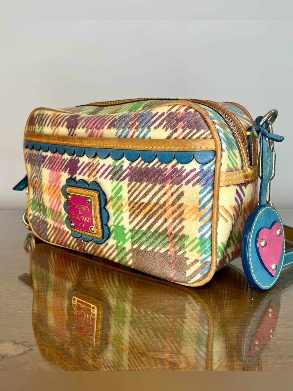 SOLD: Dooney & Bourke Y2K Small Bag, Single Strap, Rainbow Plaid, Heart Charm